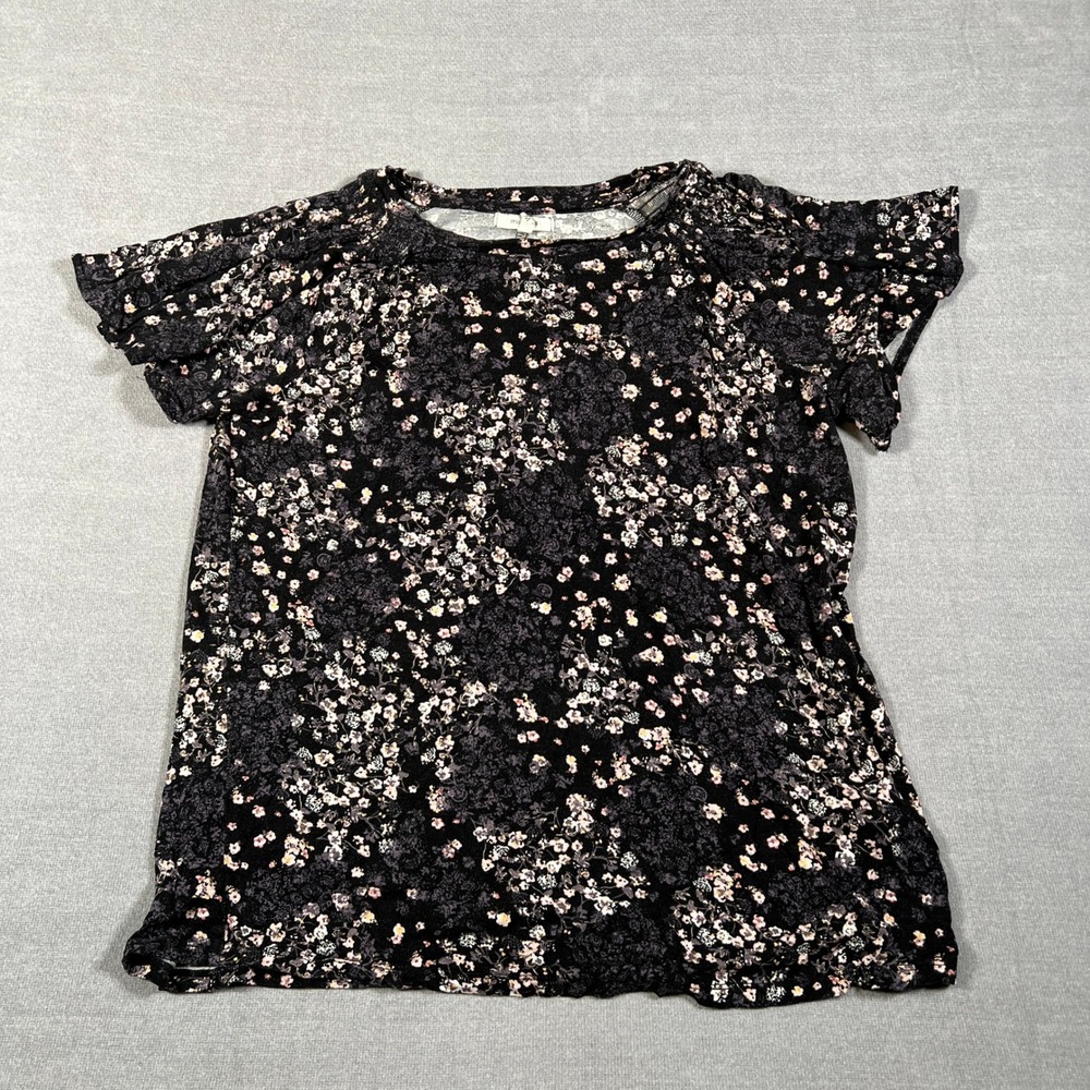 Maurices Floral Flutter Sleeve Scoop Neck Top Womens M Black Rayon Spandex